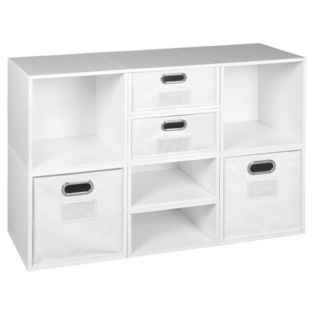 Regency Niche Cubo Storage Organizer Open Bookshelf Set-4 Full Cubes/4 Half Cubes with Foldable Storage Bins-White Wood Grain/White PC4F4HWH-2F2HWH